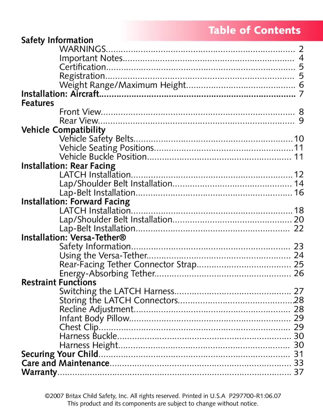 Britax Diplomat manual Table of Contents 