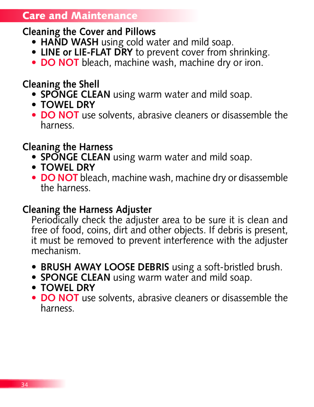 Britax Diplomat manual Cleaning the Cover and Pillows, Cleaning the Shell, Sponge Clean using warm water and mild soap 