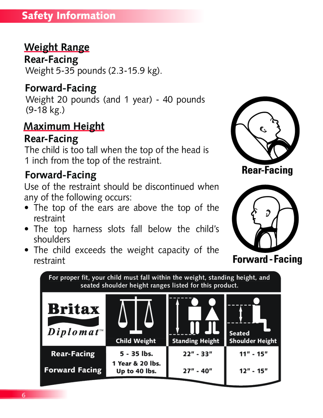 Britax Diplomat manual Weight Range Rear-Facing, Forward-Facing, Maximum Height Rear-Facing 