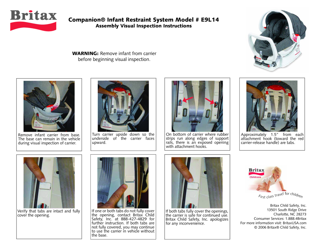 Britax manual Companion Infant Restraint System Model # E9L14, Assembly Visual Inspection Instructions 