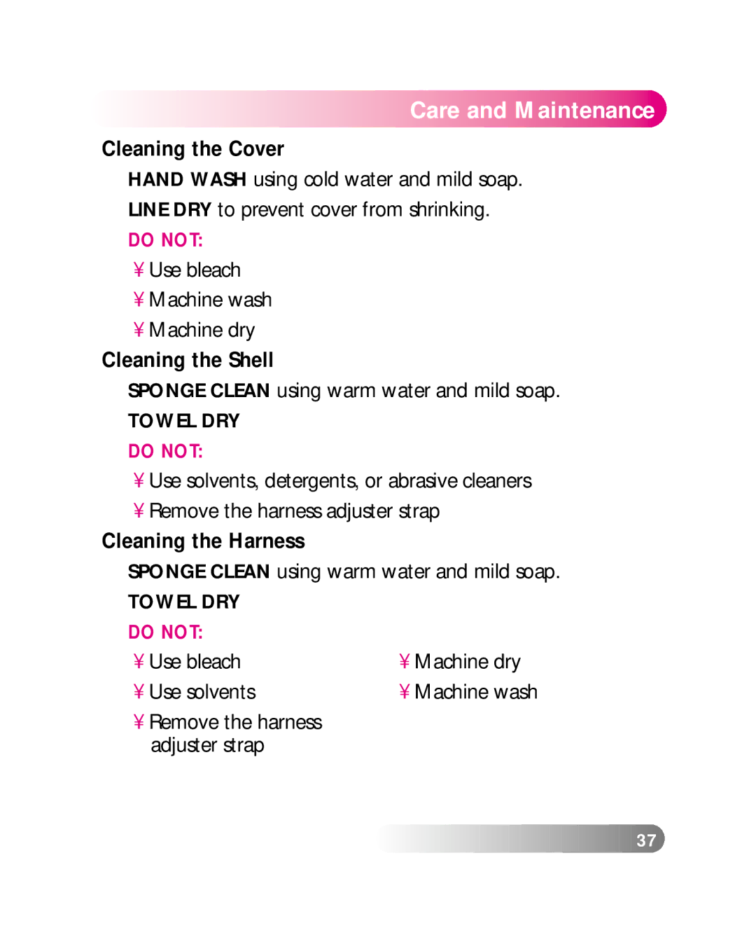 Britax LATCHANCHOR manual Cleaning the Cover, Cleaning the Shell, Cleaning the Harness 