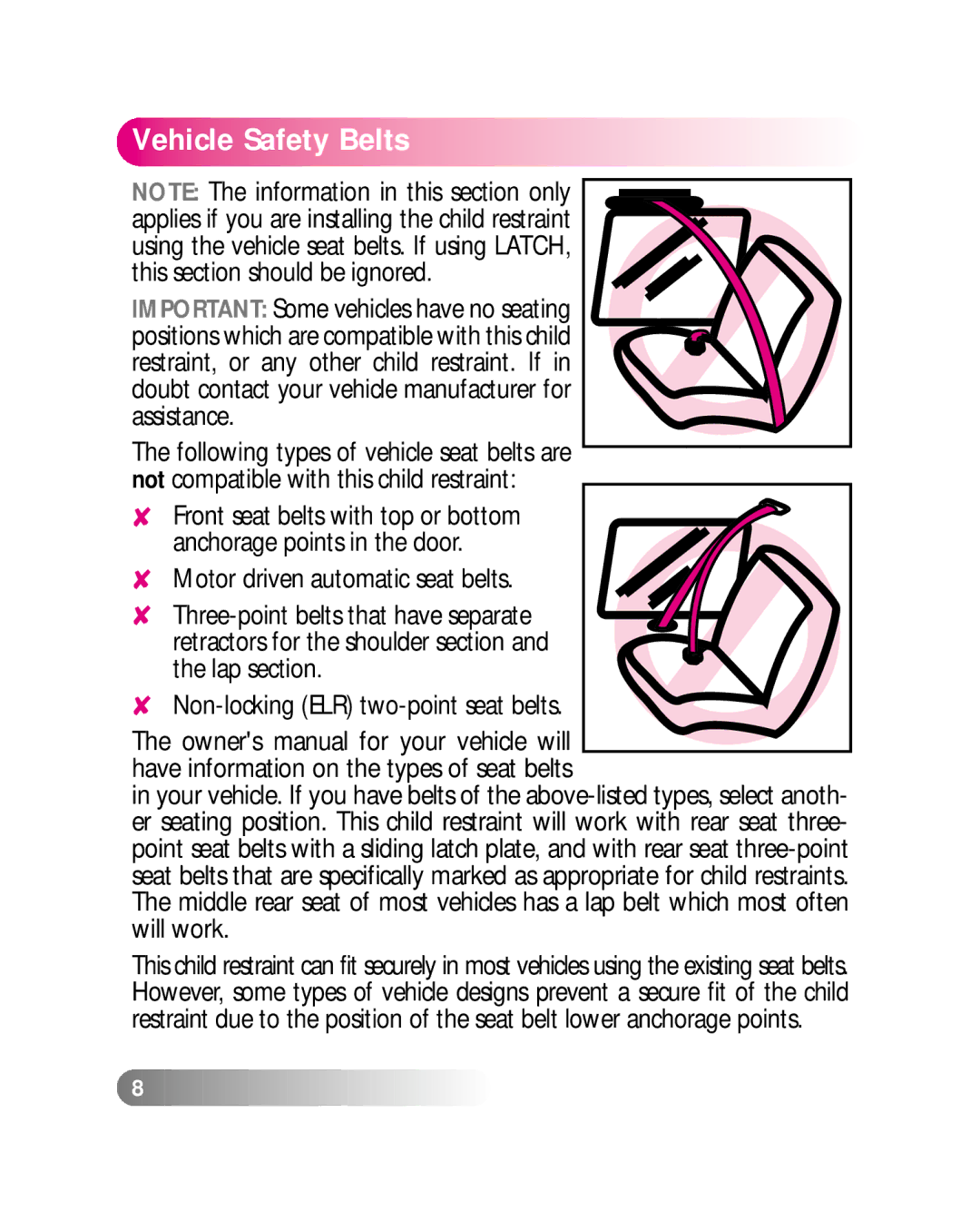 Britax LATCHANCHOR manual Vehicle Safety Belts, Important Some vehicles have no seating 