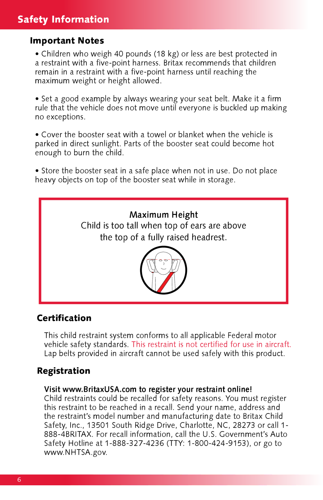 Britax Monarch manual Safety Information, Important Notes 