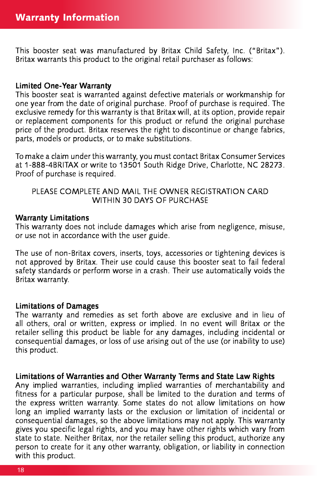 Britax Monarch manual Warranty Information 