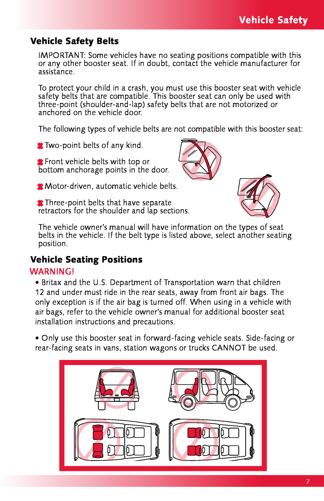 Britax Monarch manual Vehicle Safety Belts, Vehicle Seating Positions 