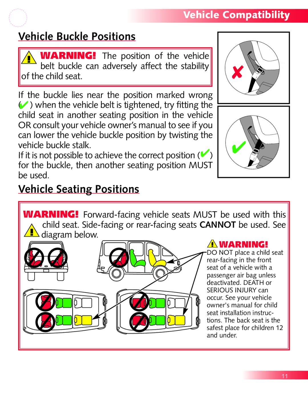 Britax P321900 manual Vehicle Buckle Positions, Vehicle Seating Positions 