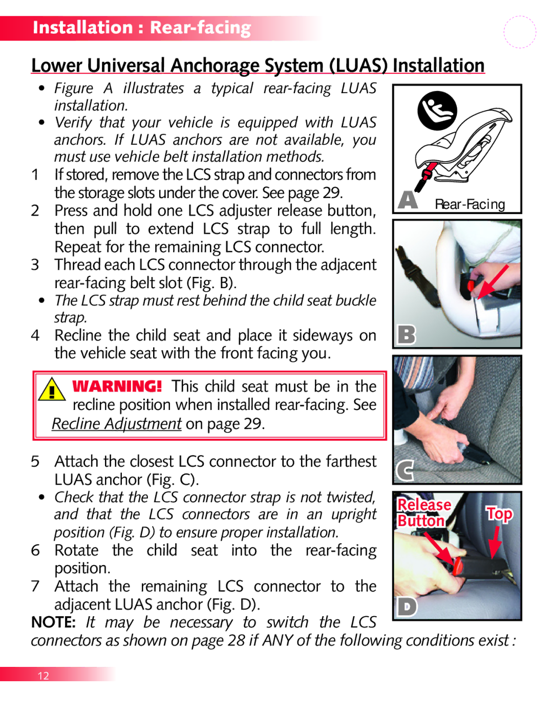 Britax P321900 manual Lower Universal Anchorage System Luas Installation, Rear-facing belt slot Fig. B 