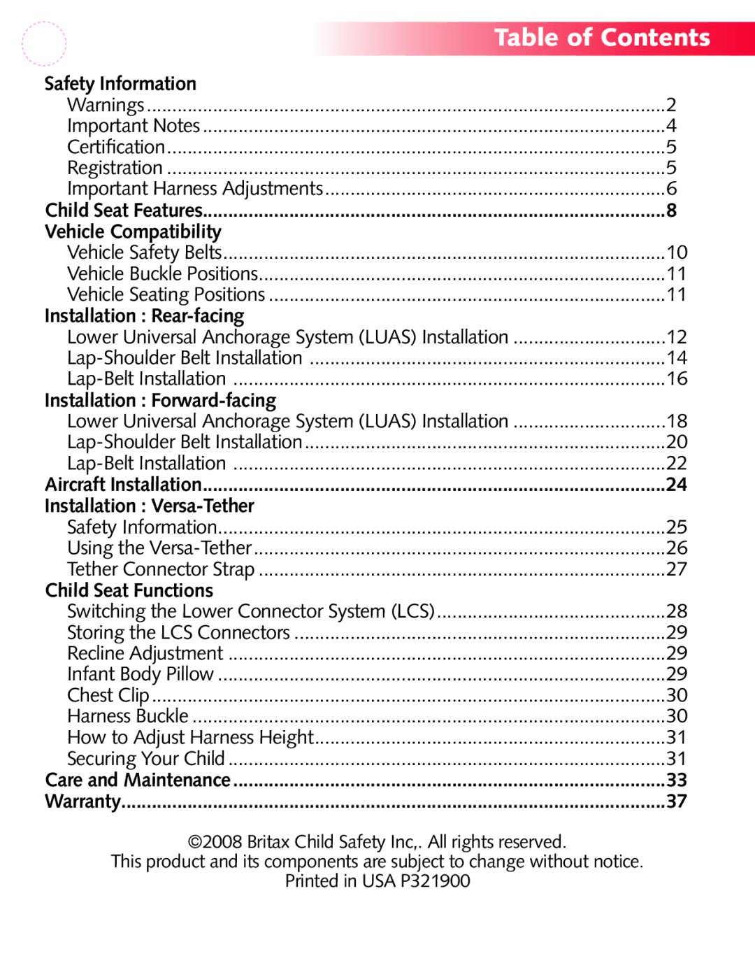 Britax P321900 manual Table of Contents 