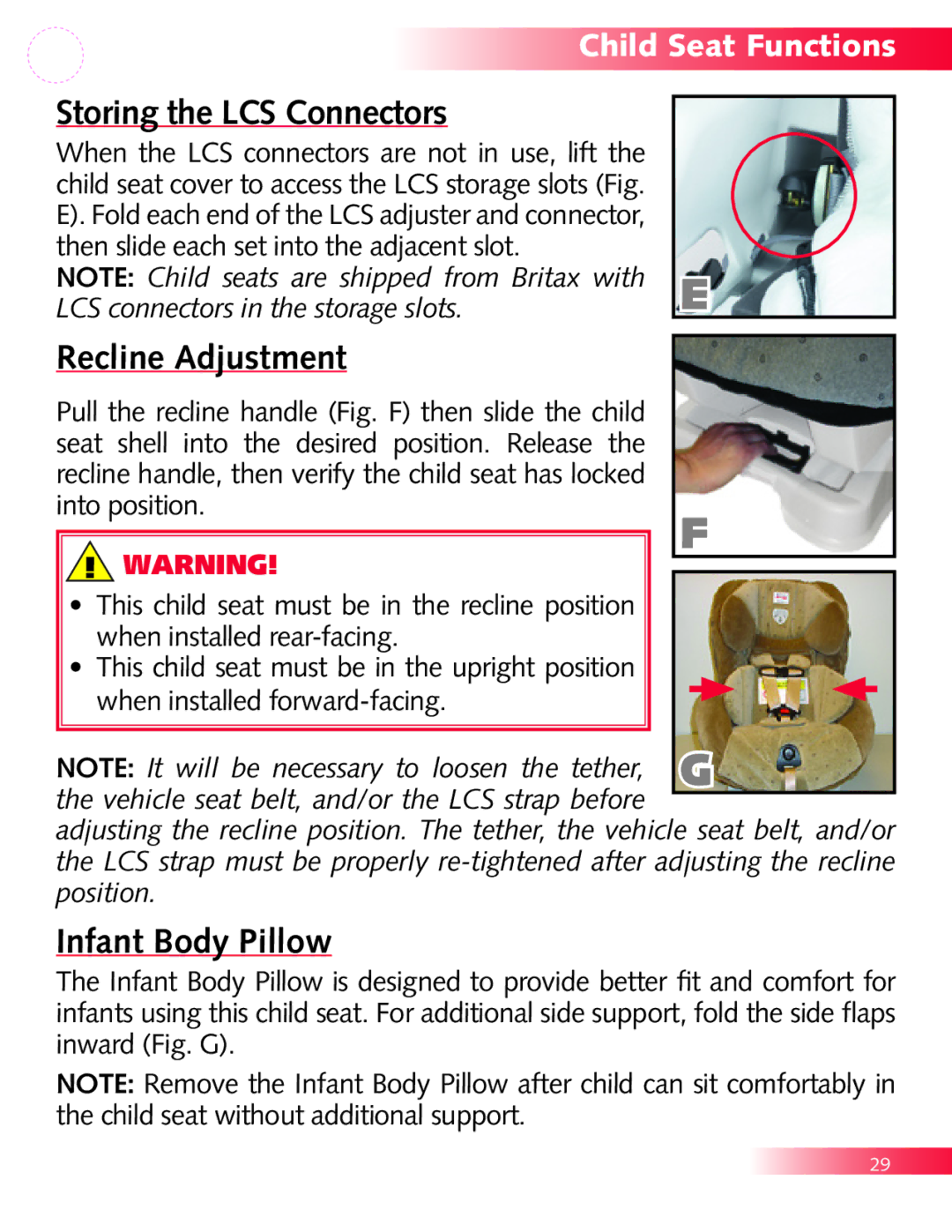 Britax P321900 manual Infant Body Pillow, Storing the LCS Connectors 