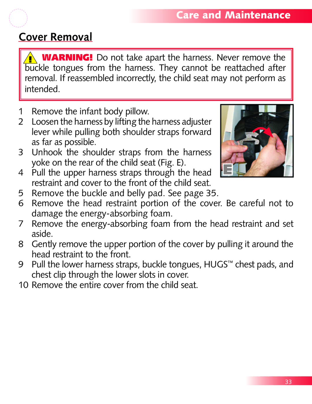 Britax P321900 manual Cover Removal, Yoke on the rear of the child seat Fig. E 