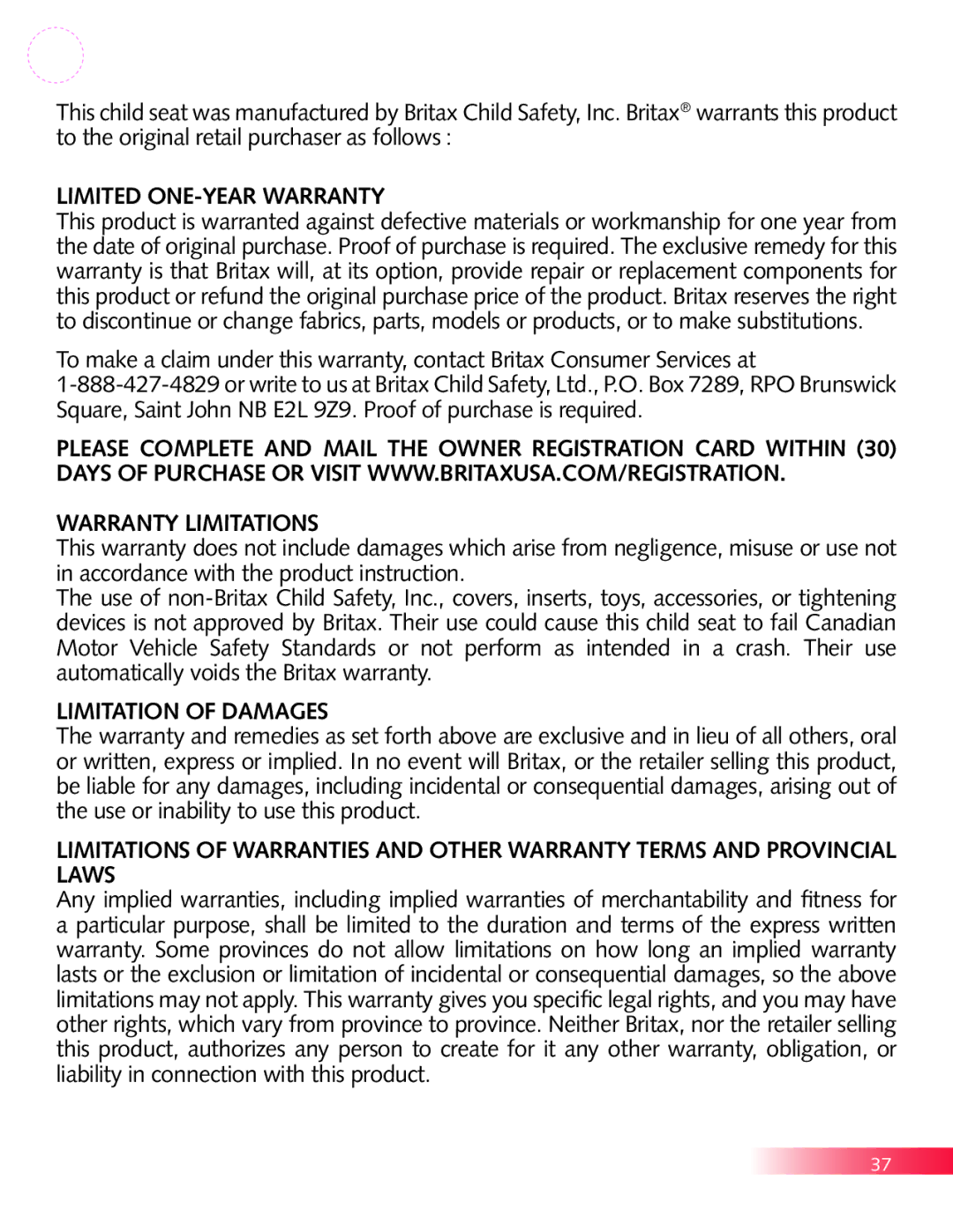 Britax P321900 manual Warranty 