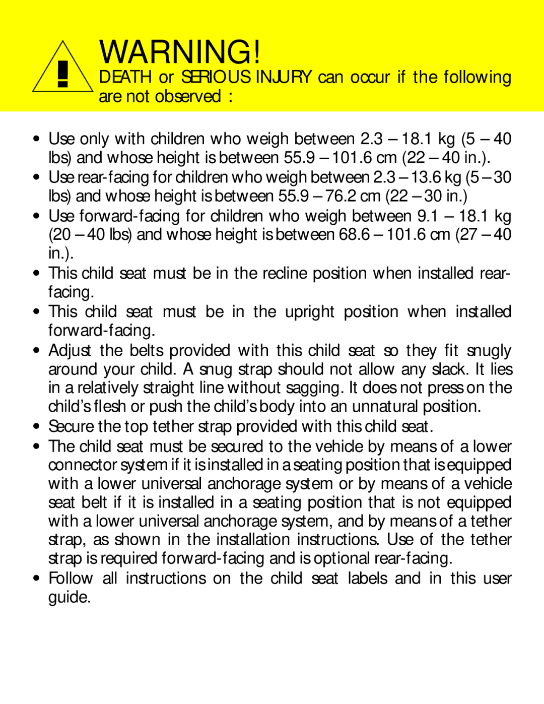 Britax P321900 manual Secure the top tether strap provided with this child seat 