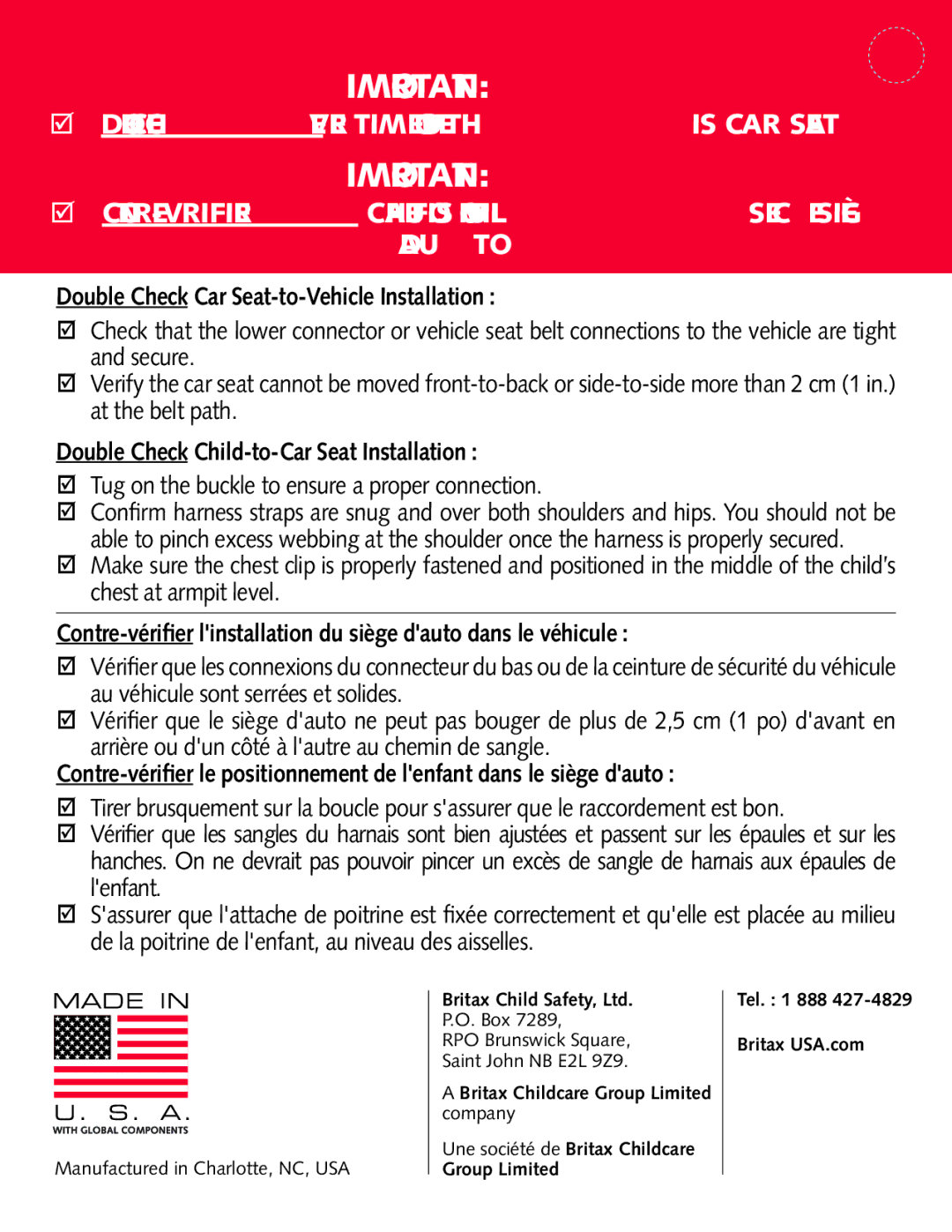 Britax P321900 manual Double Check Car Seat-to-Vehicle Installation 