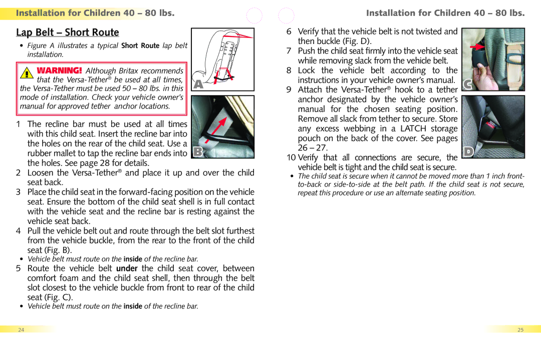 Britax Regent manual Lap Belt Short Route, Seat Fig. C, 26 27.D 