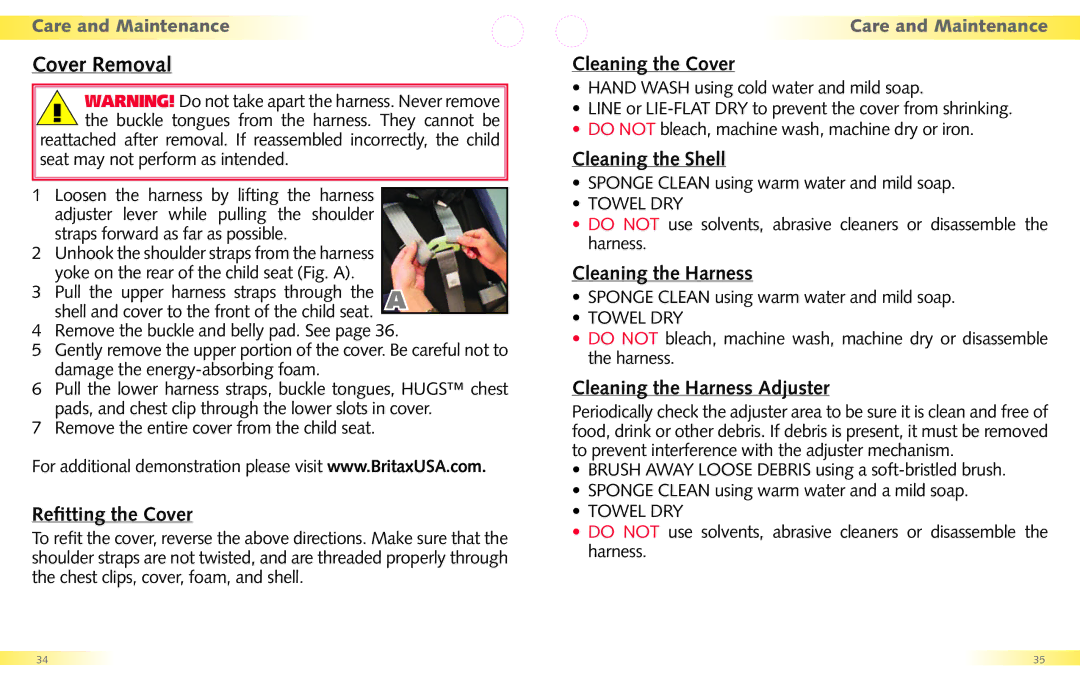 Britax Regent manual Cover Removal, Care and Maintenance 