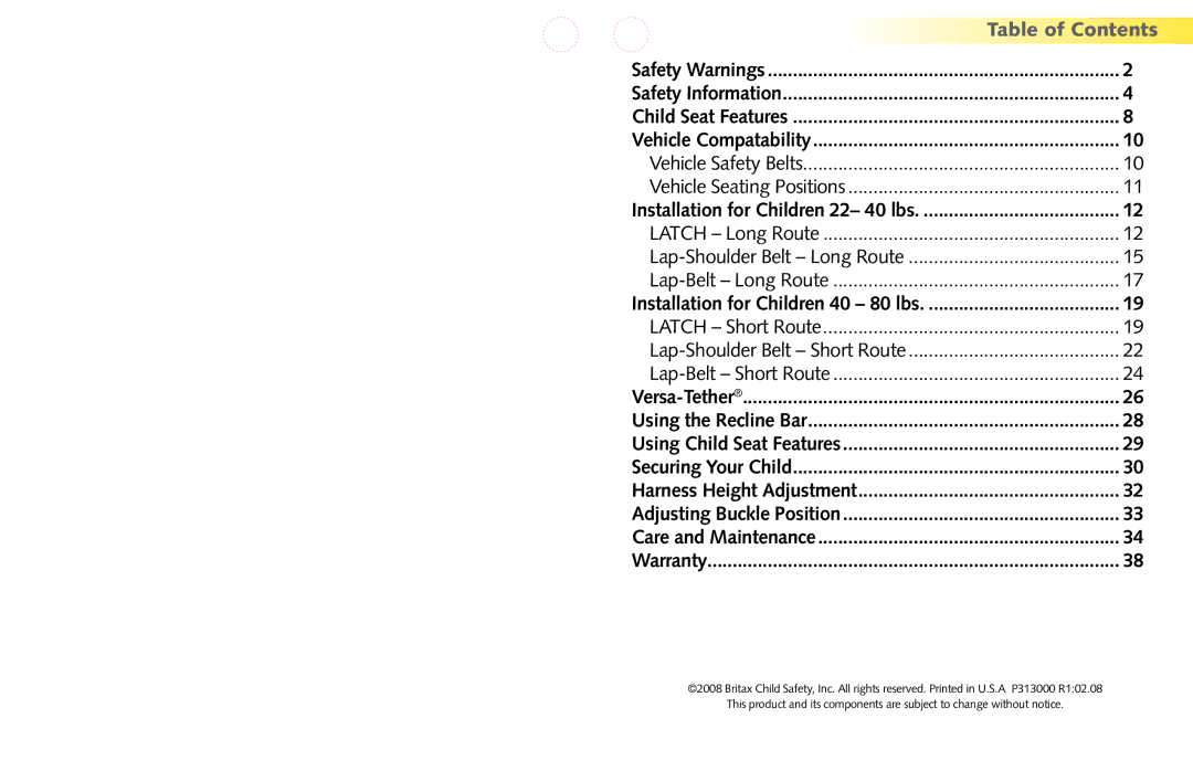 Britax Regent manual Table of Contents 