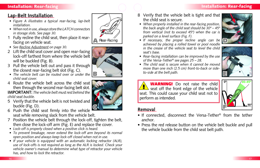 Britax Roundabout manual Lap-Belt Installation, Facing on vehicle seat, Seat while removing slack from the vehicle belt 