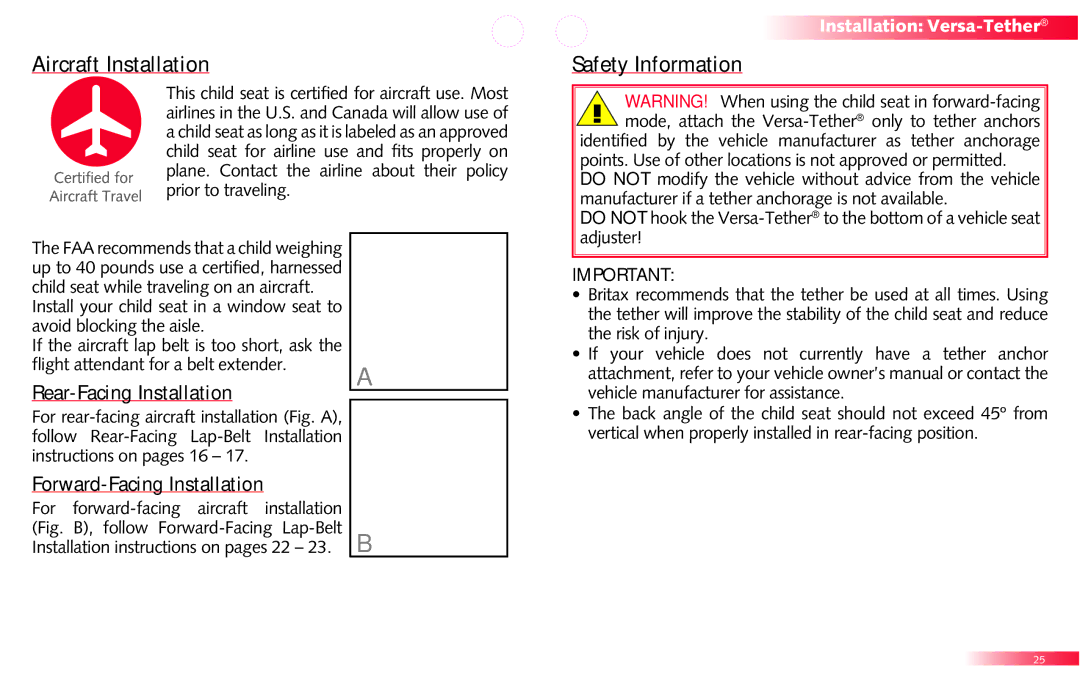 Britax Roundabout manual Aircraft Installation, Safety Information, Rear-Facing Installation, Forward-Facing Installation 