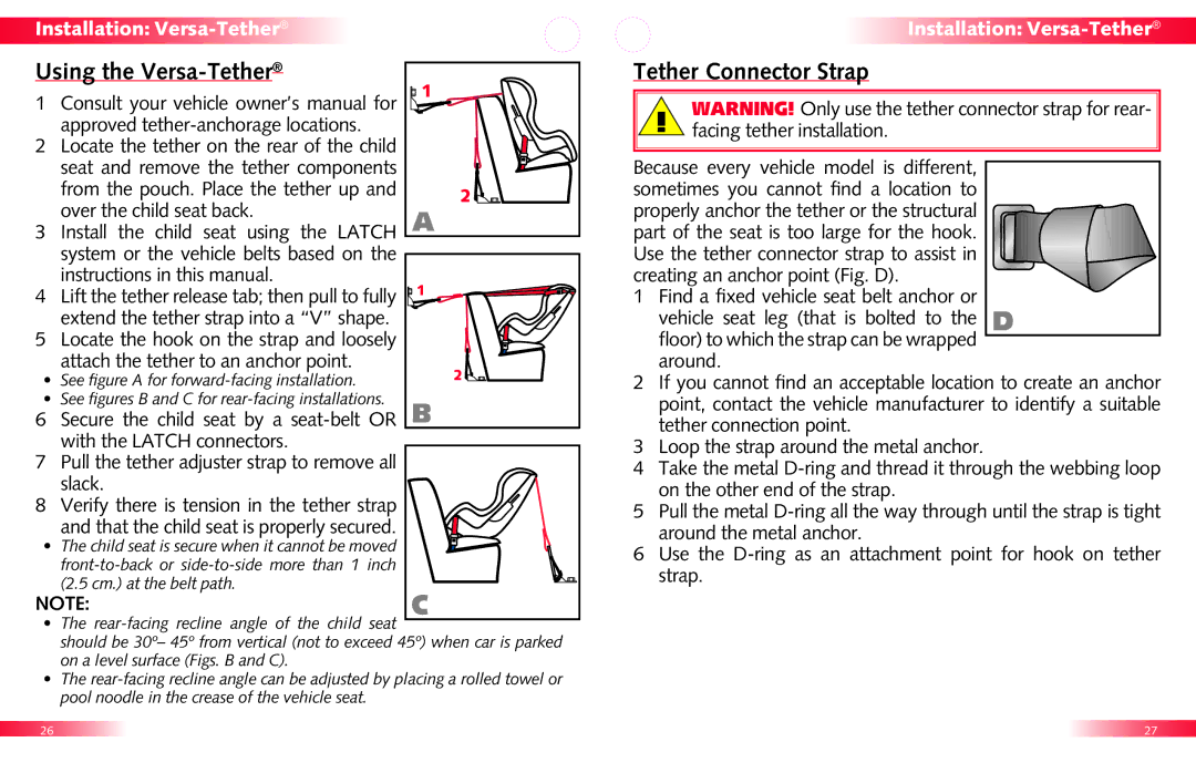 Britax Roundabout manual Using the Versa-Tether, Tether Connector Strap, Secure the child seat by a seat-belt or 