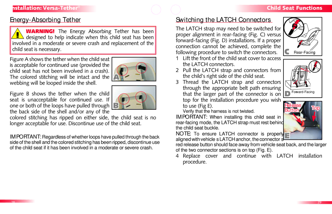 Britax Roundabout manual Energy-Absorbing Tether, Switching the Latch Connectors, Child seat is necessary 
