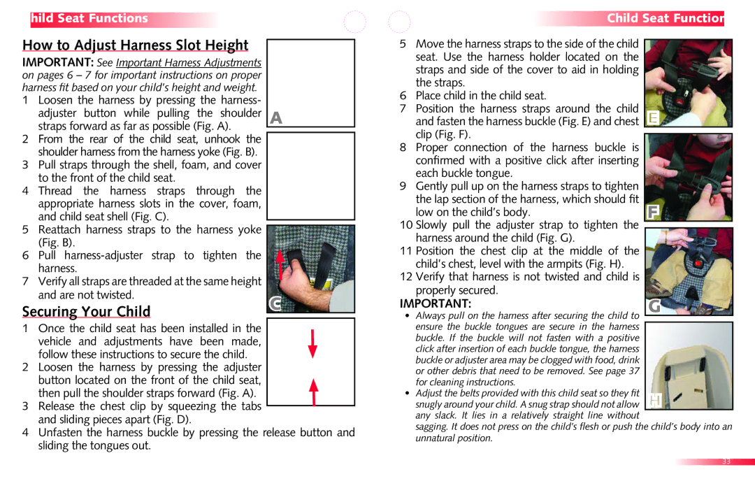 Britax Roundabout manual How to Adjust Harness Slot Height, Securing Your Child 