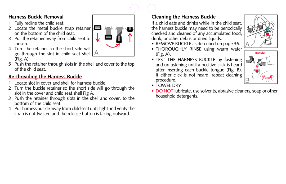 Britax Roundabout manual Harness Buckle Removal, Re-threading the Harness Buckle, Cleaning the Harness Buckle 