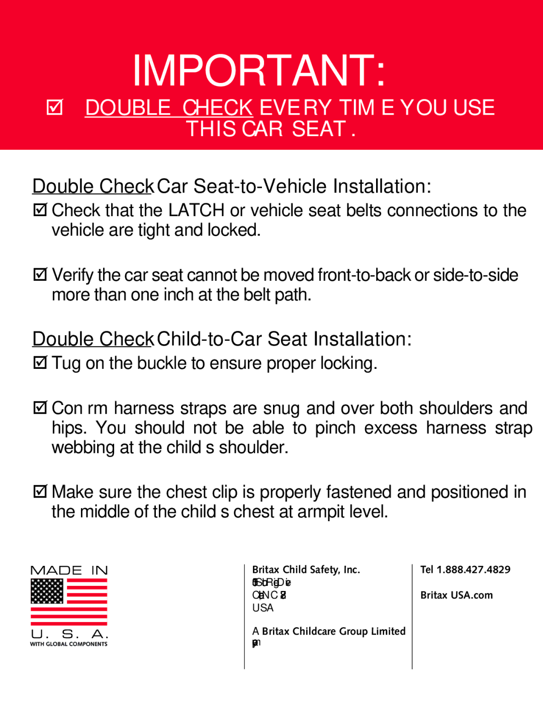 Britax Roundabout manual Double Check Car Seat-to-Vehicle Installation, Double Check Child-to-Car Seat Installation 