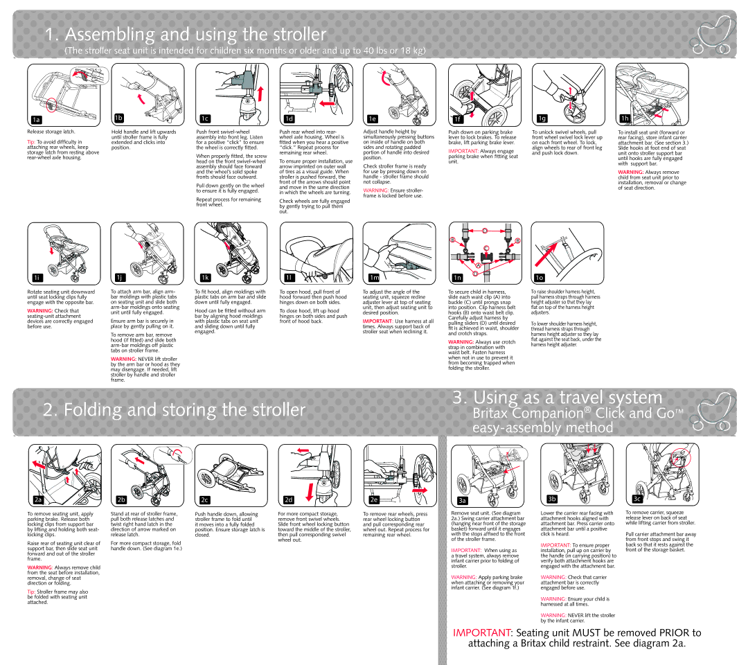 Britax Stroller Assembling and using the stroller, Folding and storing the stroller, Using as a travel system, 1d1e, 1n D 