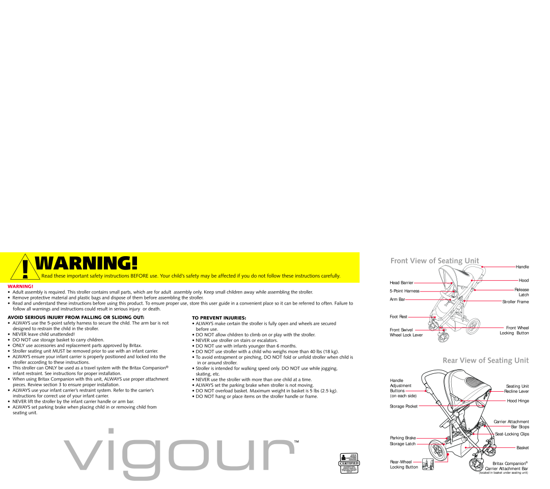 Britax Stroller Avoid Serious Injury From Falling Or Sliding Out, To Prevent Injuries, vigour, Front View of Seating Unit 