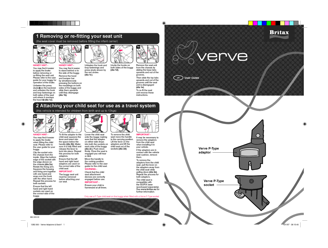 Britax Verve manual Removing or re-fitting your seat unit, Attaching your child seat for use as a travel system 