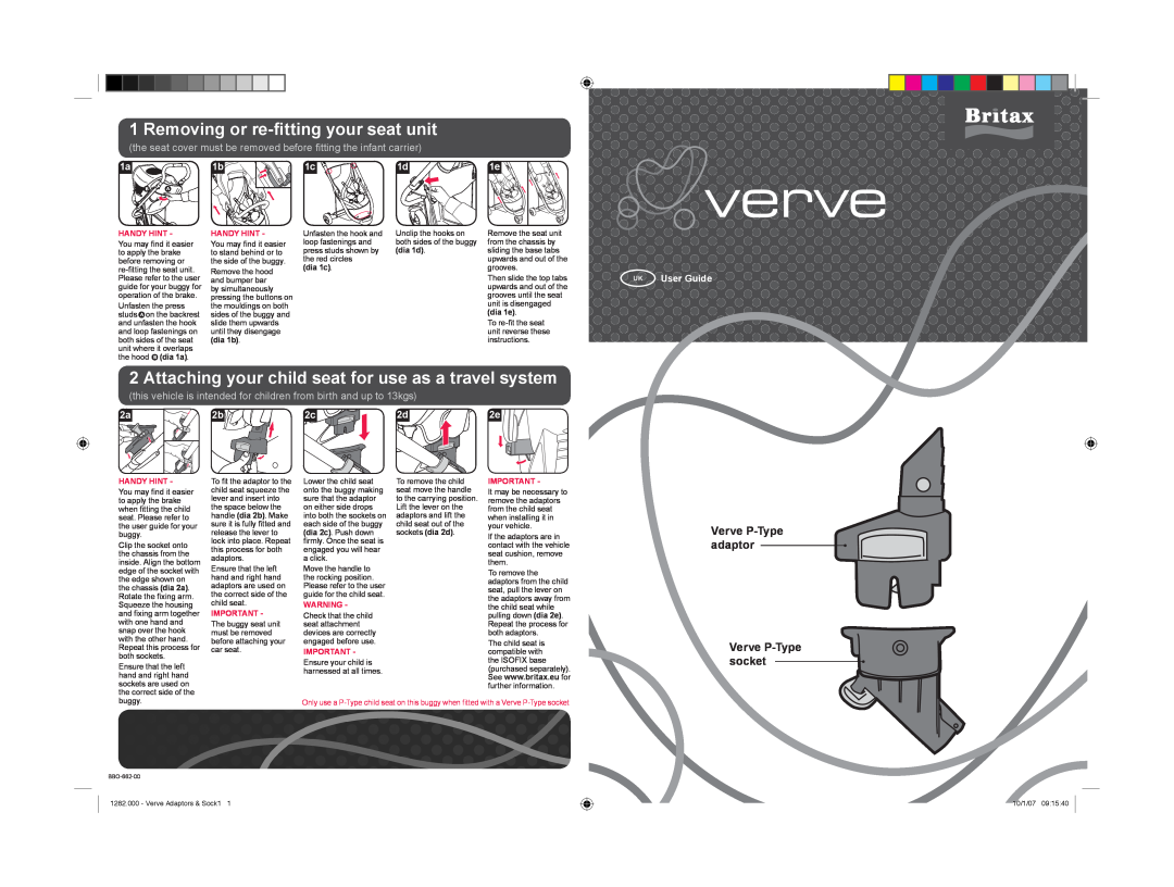 Britax manual Verve P-Type adaptor Verve P-Type socket, Removing or re-fitting your seat unit, UK User Guide 