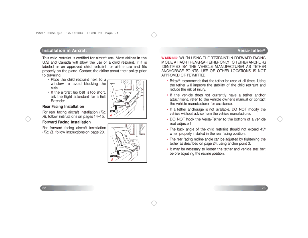 Britax Wizard manual Installation in Aircraft, Versa Tether, Rear Facing Installation, Forward Facing Installation 