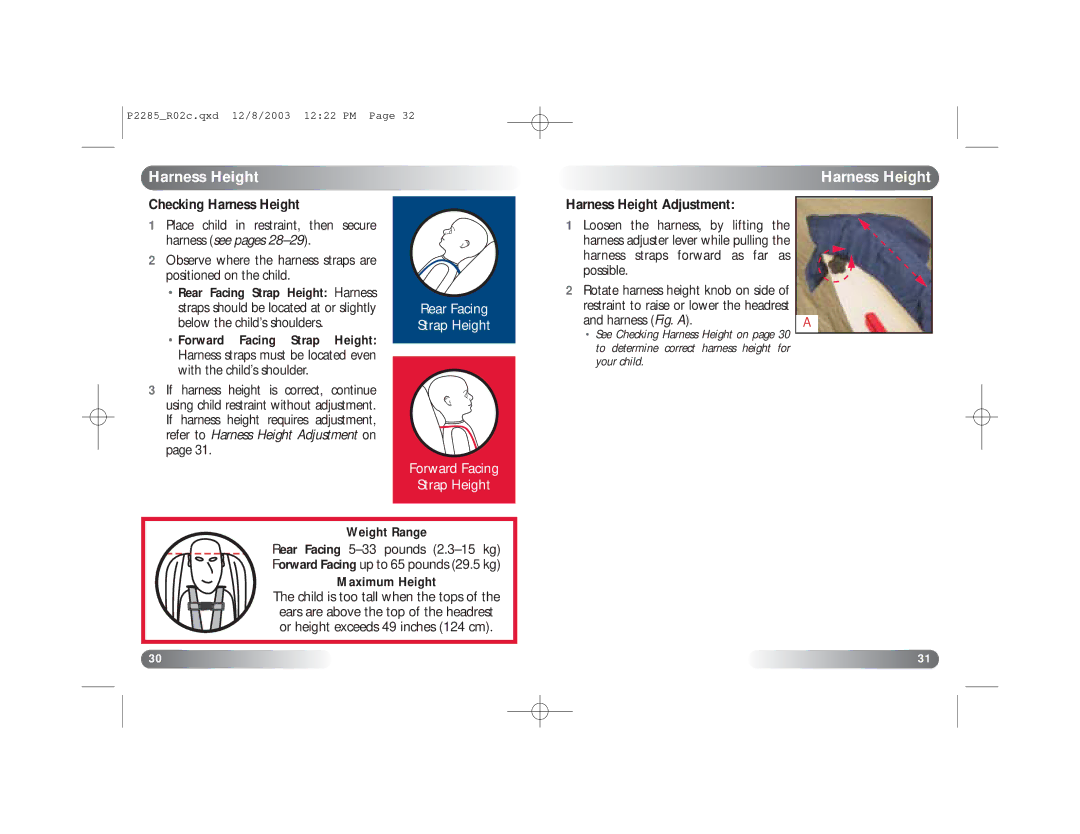 Britax Wizard manual Checking Harness Height, Harness Height Adjustment, Weight Range, Maximum Height 