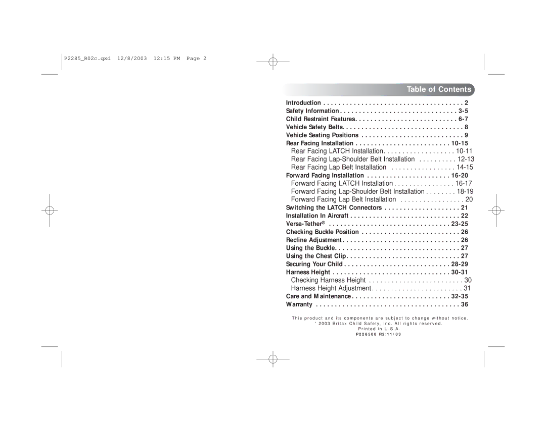 Britax Wizard manual Table of Contents 