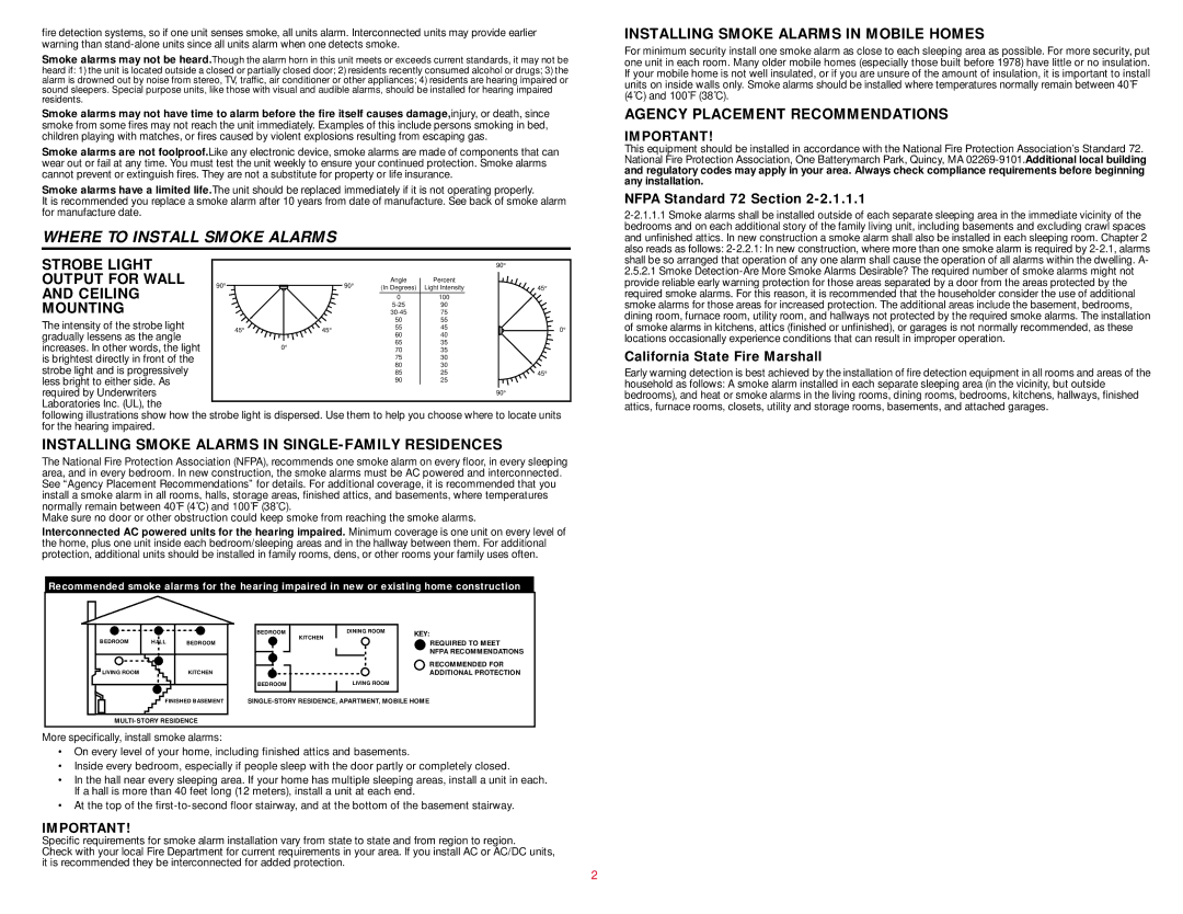 BRK electronic 100S user manual Where to Install Smoke Alarms, Nfpa Standard 72 Section, California State Fire Marshall 