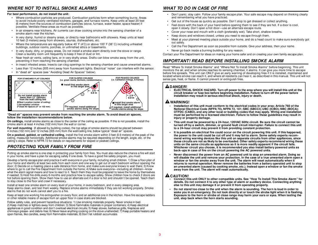 BRK electronic 100S Where not to Install Smoke Alarms, What to do in Case of Fire, Protecting Your Family from Fire 