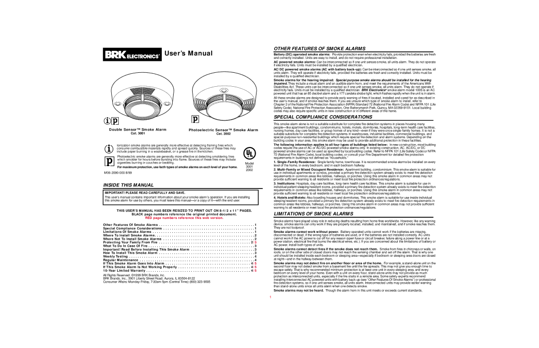 BRK electronic 3001 user manual Inside this Manual, Other Features of Smoke Alarms, Special Compliance Considerations 