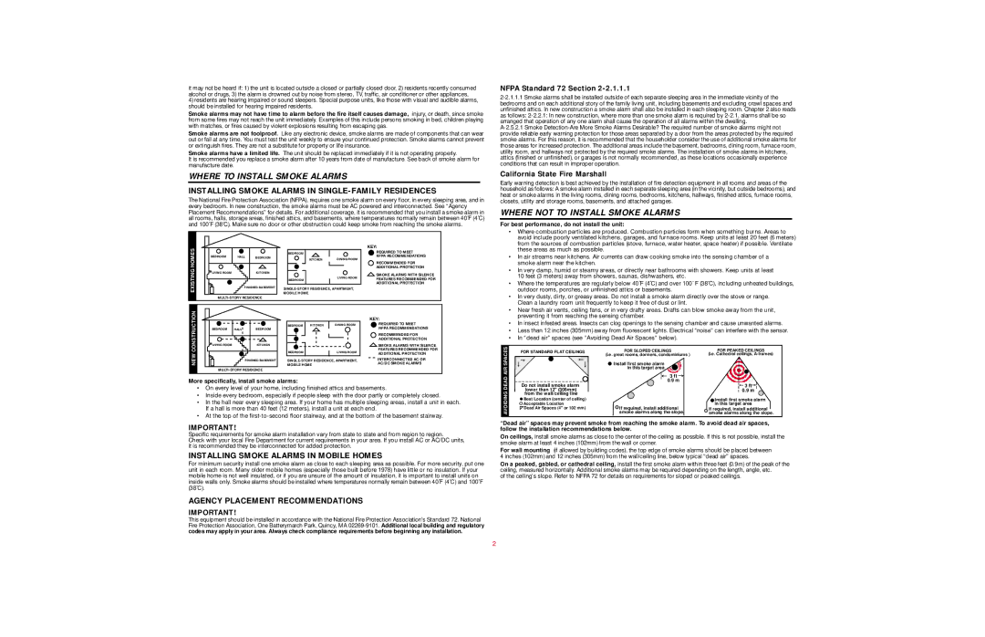 BRK electronic 2002, 3001 Where to Install Smoke Alarms, Where not to Install Smoke Alarms, Nfpa Standard 72 Section 