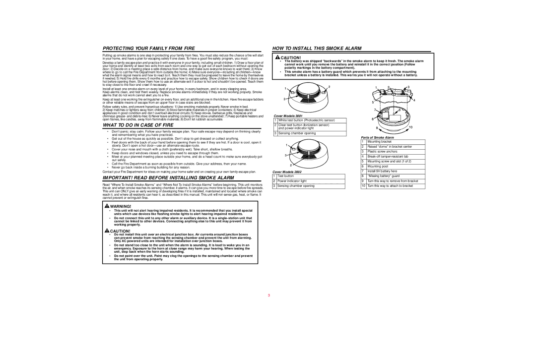 BRK electronic 3001, 2002 Protecting Your Family from Fire, HOW to Install this Smoke Alarm, What to do in Case of Fire 