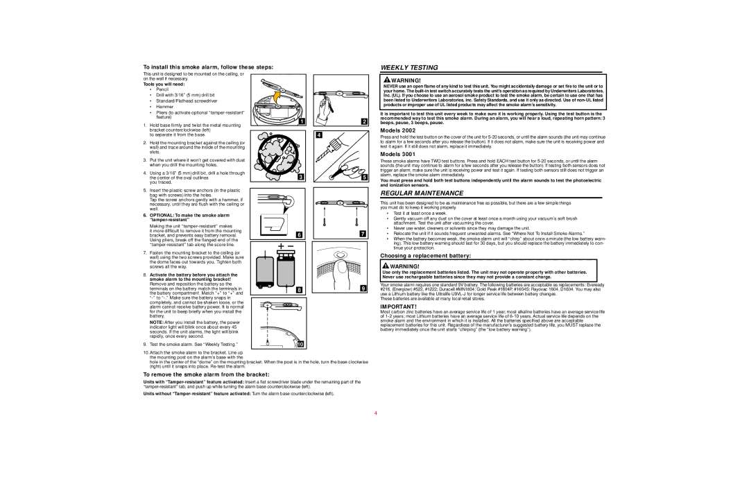 BRK electronic 2002, 3001 user manual Weekly Testing, Regular Maintenance 