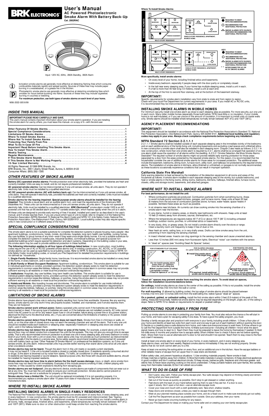 BRK electronic 2002RAC user manual Inside this Manual, Other Features of Smoke Alarms, Special Compliance Considerations 