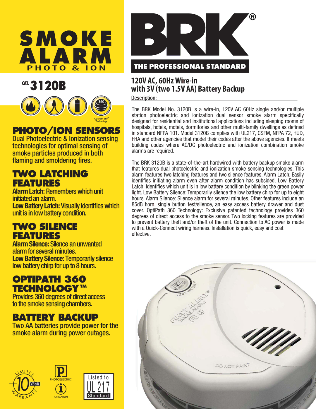 BRK electronic 3120B manual PHOTO/ION Sensors, TWO Latching Features, TWO Silence Features, Optipath Technologytm 