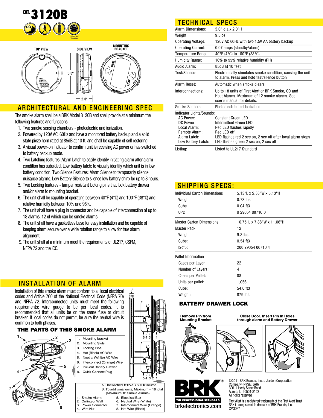 BRK electronic 3120B manual Architectural and Engineering Spec, Installation of Alarm, Technical Specs, Shipping Specs 