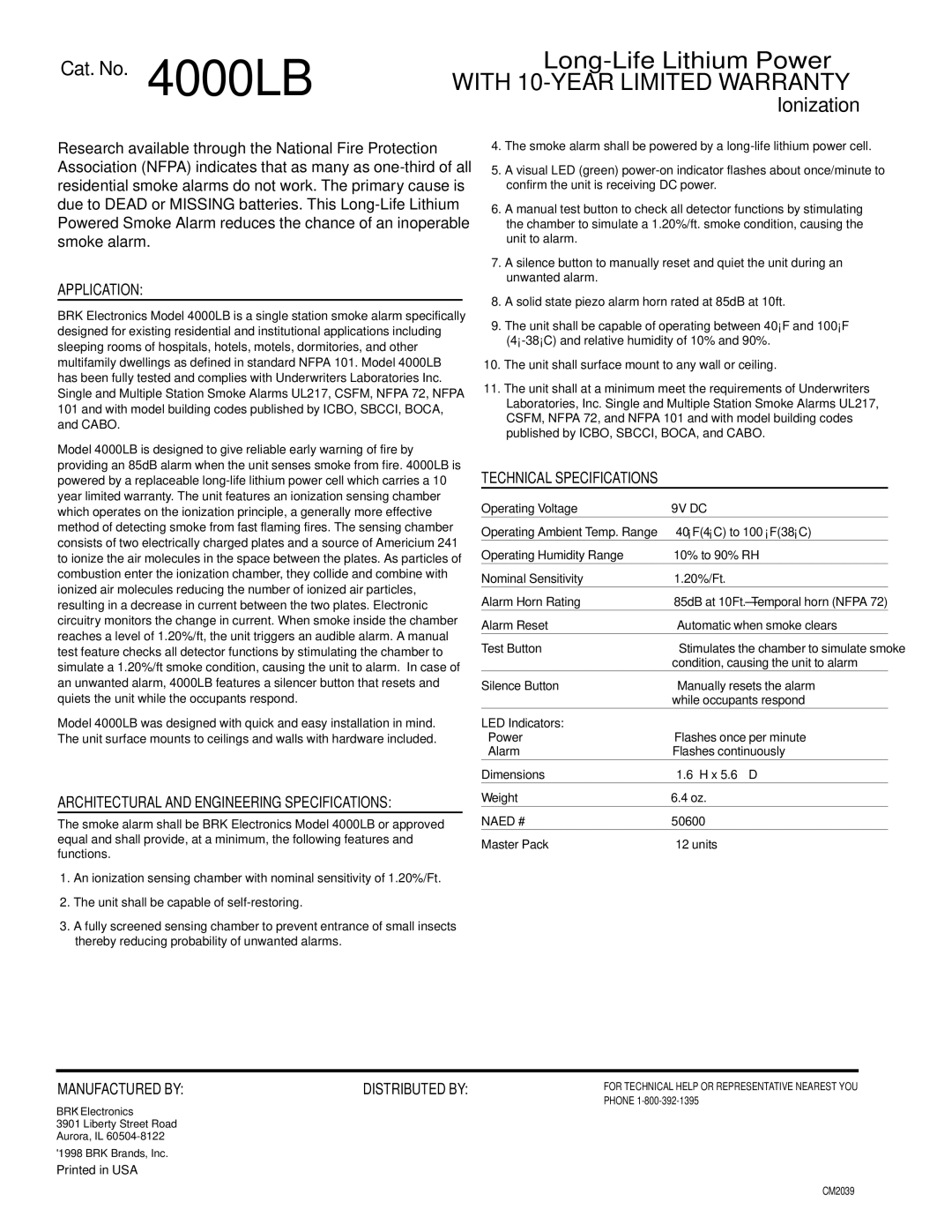 BRK electronic 4000LB Application, Architectural and Engineering Specifications, Technical Specifications, Manufactured by 