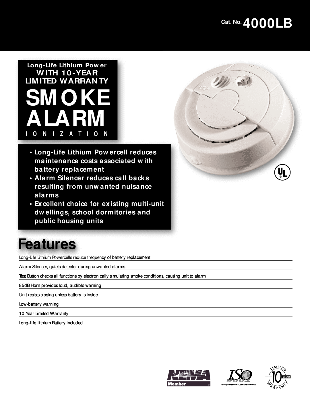 BRK electronic 4000LB warranty Smoke Alarm, Features, WITH 10-YEAR LIMITED WARRANTY 