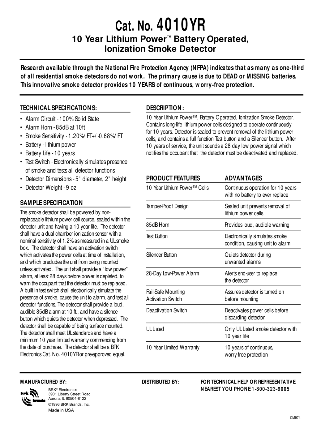 BRK electronic 4010YR manual Technical Specifications, Description, Product Features Advantages, Sample Specification 