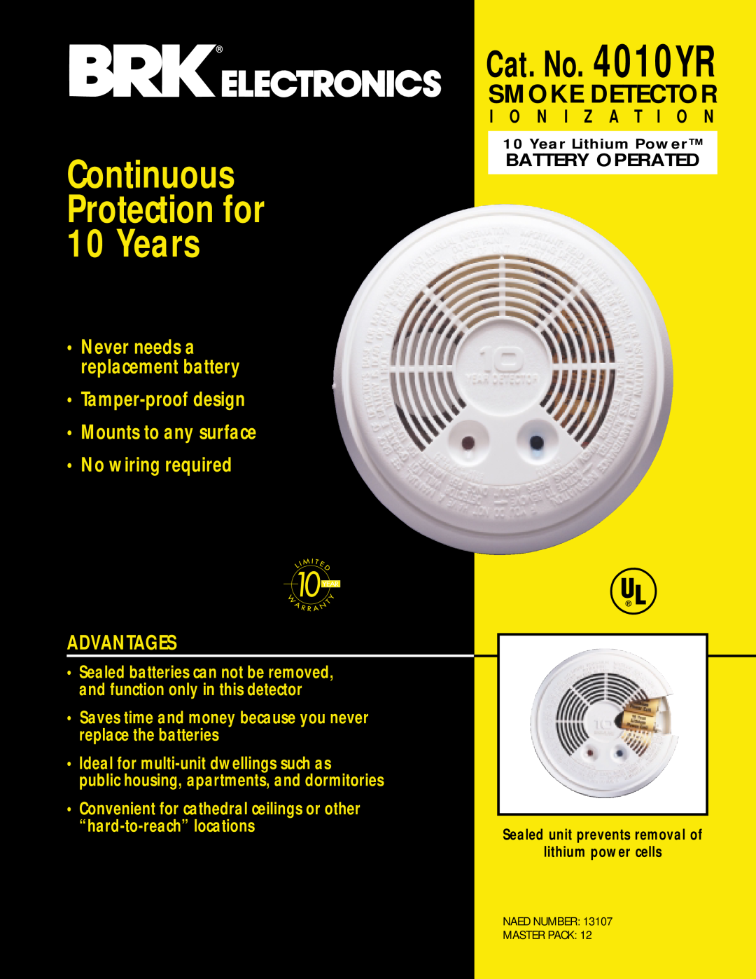 BRK electronic manual Cat. No. 4010YR, Continuous Protection for 10 Years, Smoke Detector, Advantages, Battery Operated 