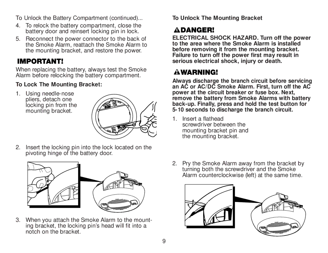 BRK electronic 4120SB, 4120 AC user manual To Unlock the Battery Compartment, To Lock The Mounting Bracket 