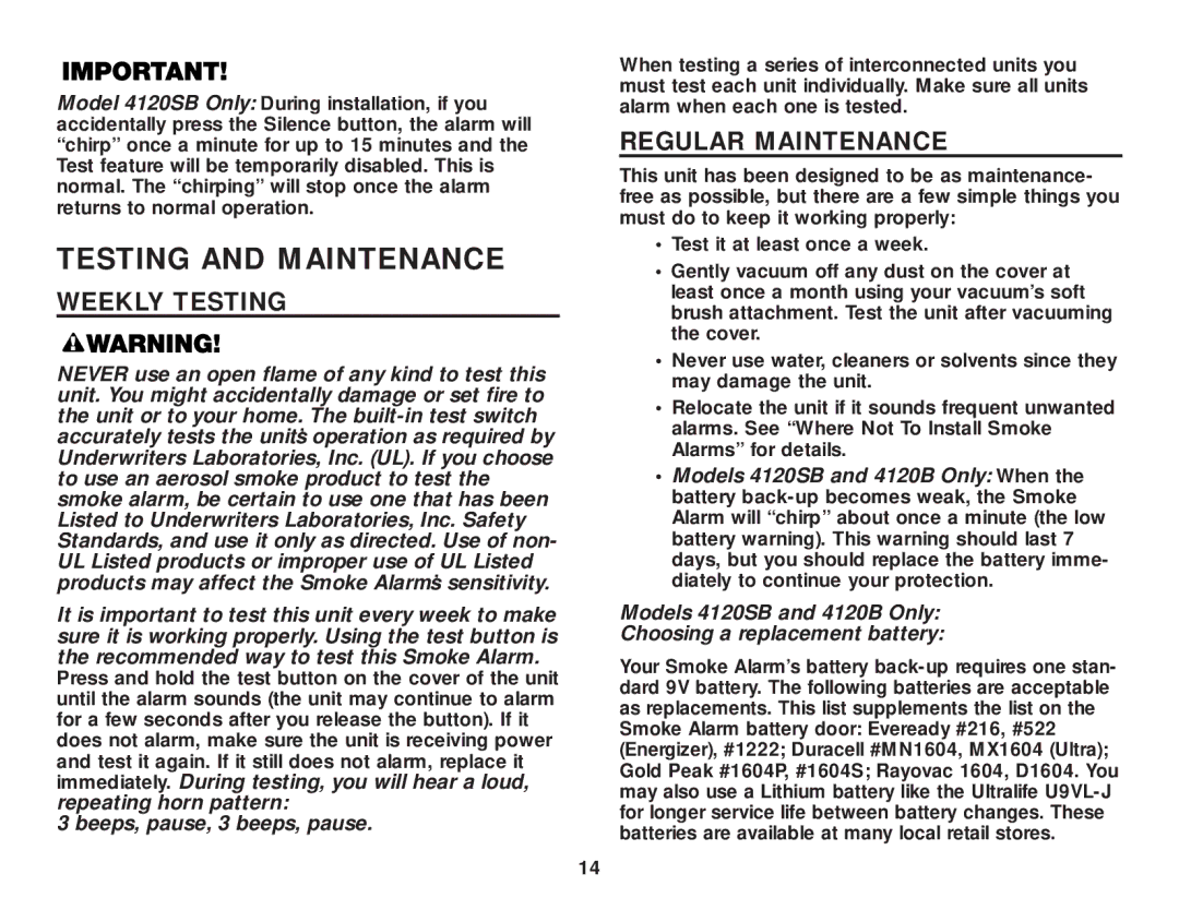 BRK electronic 4120 AC, 4120SB Testing and Maintenance, Weekly Testing, Regular Maintenance, Beeps, pause, 3 beeps, pause 