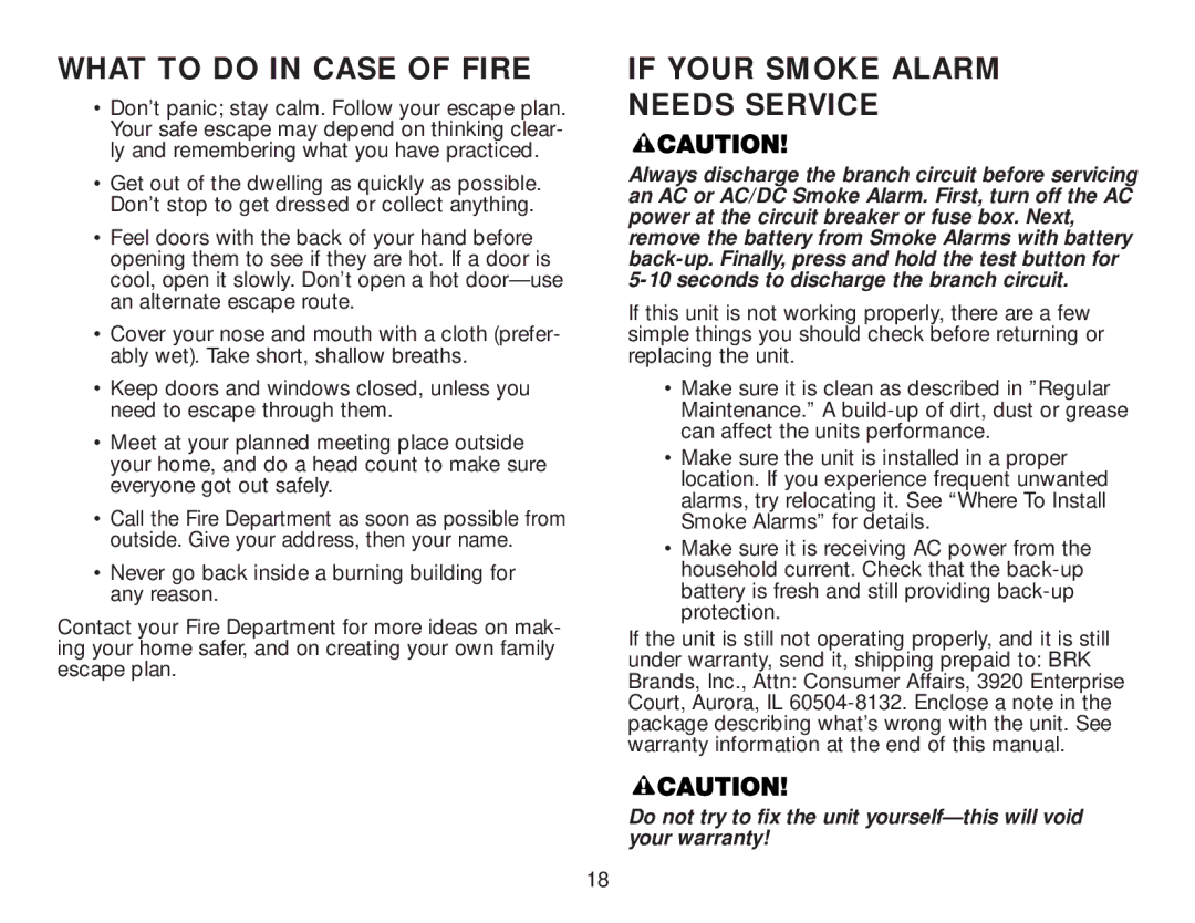 BRK electronic 4120 AC, 4120SB user manual What to do in Case of Fire, If Your Smoke Alarm Needs Service 